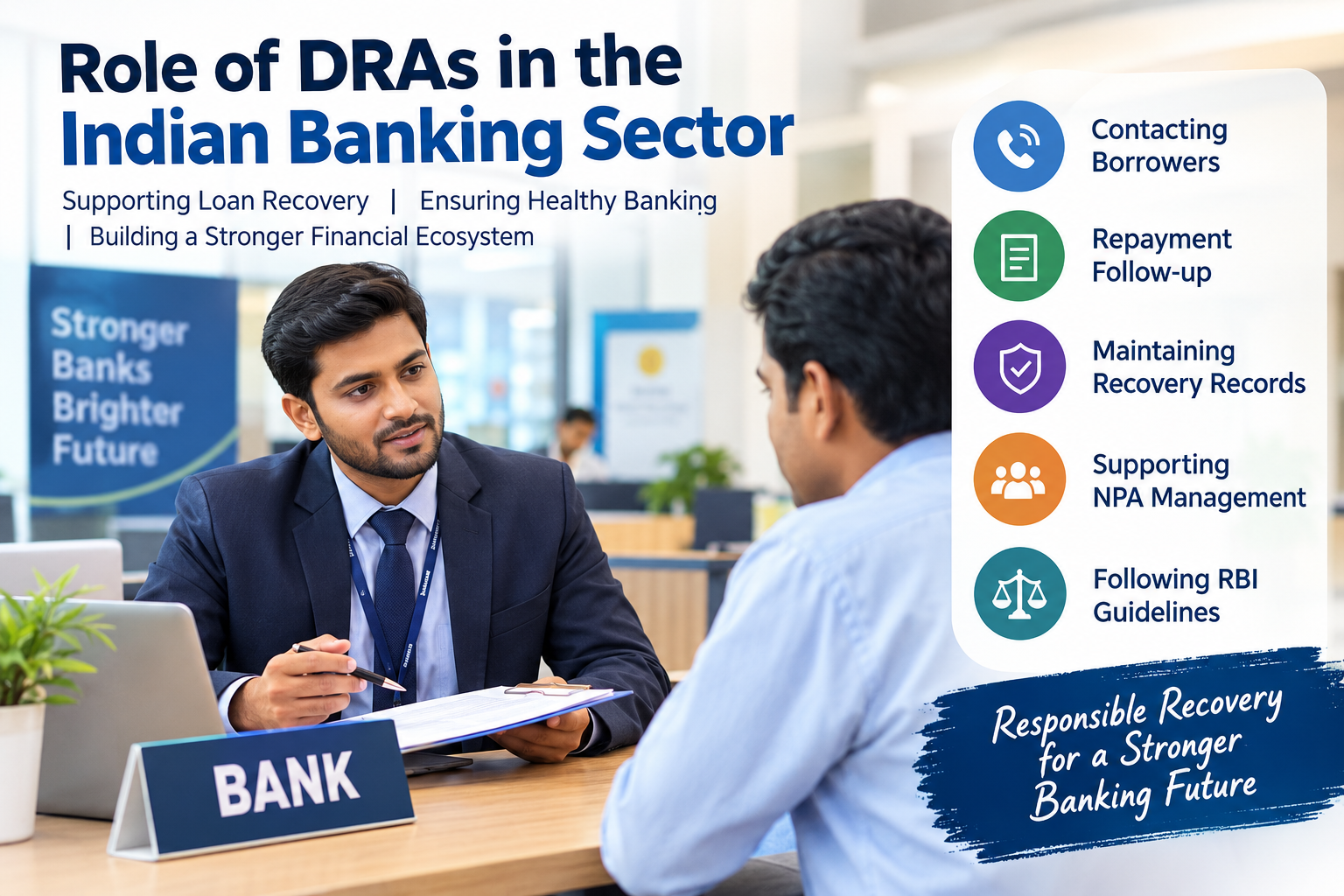 Debt Recovery Agents (DRAs) supporting loan recovery in the Indian banking sector through borrower communication, repayment follow-ups, NPA management, and RBI compliance.